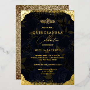 Navy Gold Roos Tiara Quinceanera Folie Uitnodiging