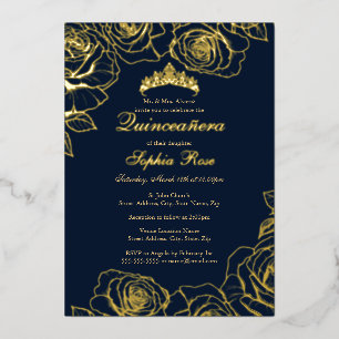 Navy Gold Rozen Tuin Quinceanera Folie Uitnodiging
