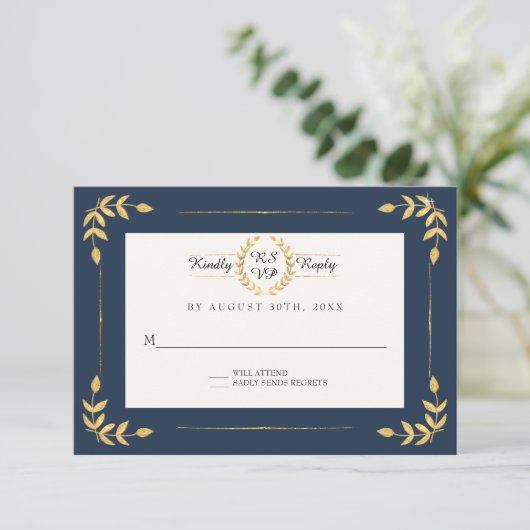 Navy Gold RSVP Modern Laurel Leaf krans gebladerte (Staand voorkant)
