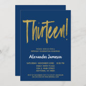 Navy Gold Script 13th Birthday Party Invitation Kaart (Voorkant / Achterkant)