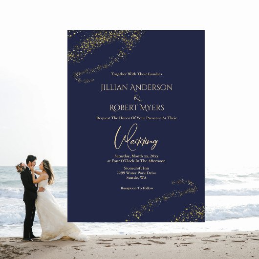 Navy, Gold Stardust Wedding Invitation Kaart