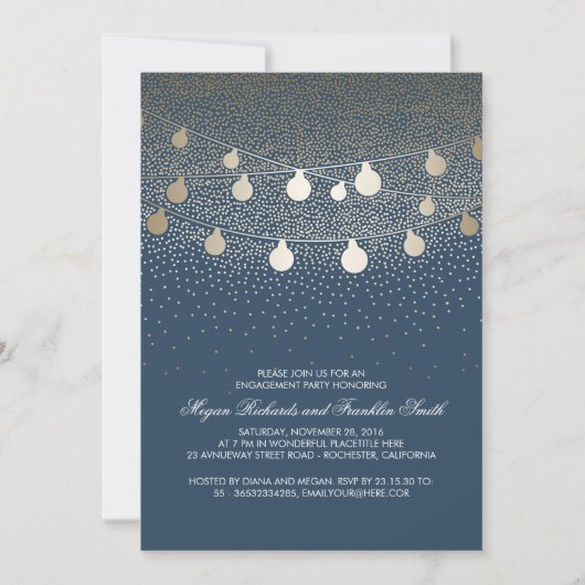 Navy Gold String Lights  Engagement Party Kaart (Voorkant)