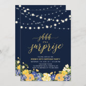 Navy & Gold String Lights Surprise Birthday Party Kaart (Voorkant / Achterkant)