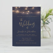 Navy Gold String Lights Wedding Invitations Kaart (Staand voorkant)