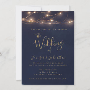 Navy Gold String Lights Wedding Invitations Kaart