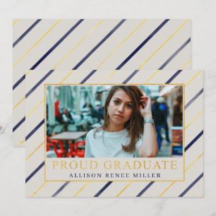 Navy Gold Stripes Modern Elegant Photo Afstuderen Kaart