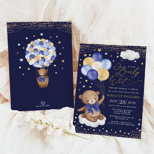 Navy Gold Teddy Bear Balloons Jongen Baby shower Kaart