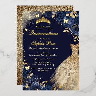 Navy Gold Vlinder Bloemen Jurk Quinceanera Folie Uitnodiging