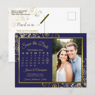 Navy & Gold Wedding Save the Date Kalender Foto Aankondigingskaart
