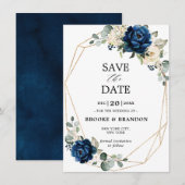 Navy Gold White Champagne Ivory Roos Save the Date (Voorkant / Achterkant)