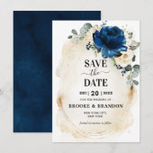 Navy Gold White Champagne Ivory Roos Save the Date (Voorkant / Achterkant)