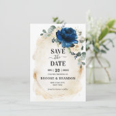 Navy Gold White Champagne Ivory Roos Save the Date (Staand voorkant)