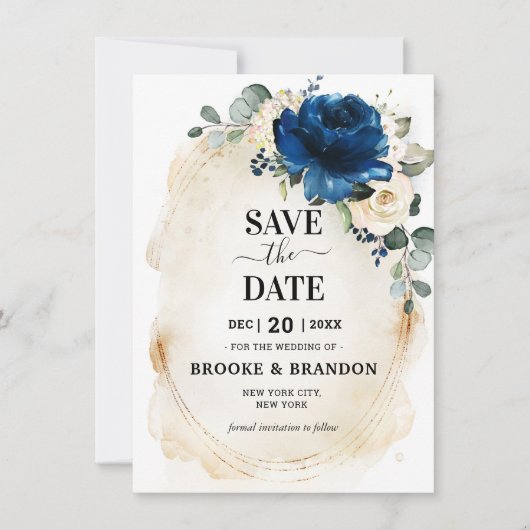 Navy Gold White Champagne Ivory Roos Save the Date (Voorkant)