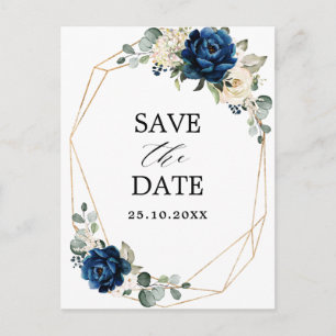 Navy Gold White Champagne Ivory Roos Save the Date Briefkaart