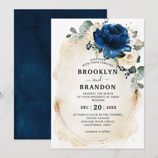 Navy Gold White Champagne Ivory Rozen Weddenschap Kaart (Voorkant / Achterkant)