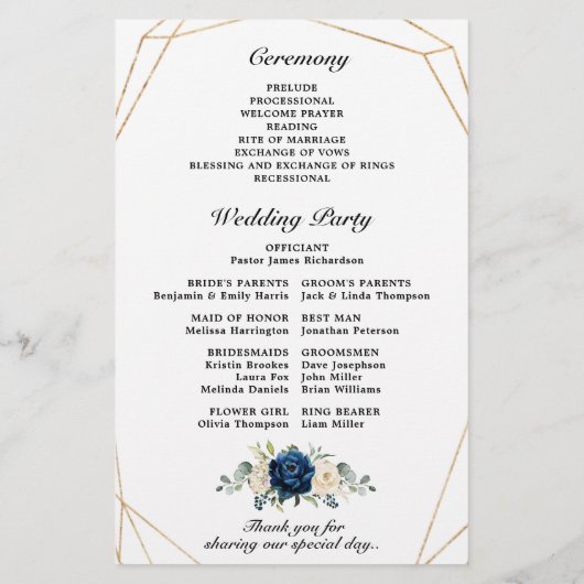 Navy Gold White Ivory Geometric Wedding Programme (Achterkant)