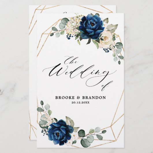 Navy Gold White Ivory Geometric Wedding Programme (Voorkant / Achterkant)