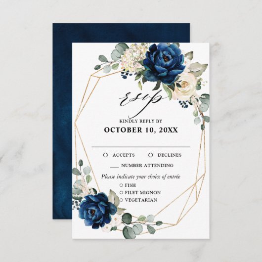Navy Gold Witte Champagne Ivoor Rozen RSVP (Voorkant / Achterkant)
