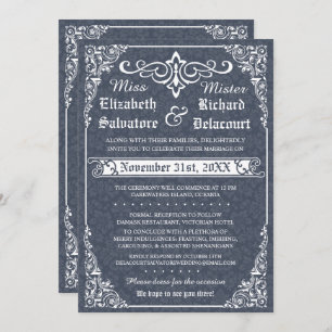 Navy Gothic Victoriaans Damask Wedding Invitation Kaart