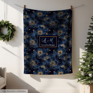 Navy Goud Aangepaste Dekent Lux Bloem Worp Stijl Fleece Deken