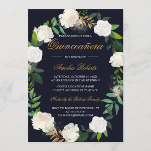 Navy Goud Aquarel Krans Quinceanera Uitnodiging