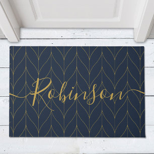 Navy Goud Art Deco Blad Gepersonaliseerde Familien Deurmat