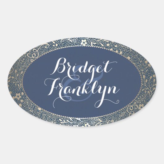 Navy Goud Bloemen Bruiloft Ovale Sticker (Voorkant)