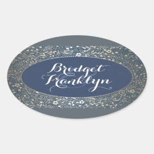 Navy Goud Bloemen Bruiloft Ovale Sticker