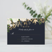 Navy Goud Bloemen Waterverf Bruiloft RSVP (Staand voorkant)