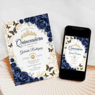 Navy Goud Bloemige Quinceanera Kaart