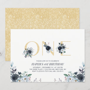 Navy & Goud Boho Bloemstuk Eerste 1e Verjaardagsfe Kaart