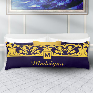 Navy Goud Damast Monogram Persoonlijke Naam  Lichaamskussen