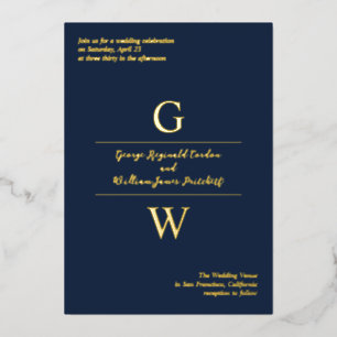 Navy & Goud Folie Initialen Informele Bruiloft Uitnodiging