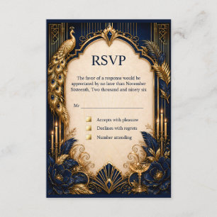 Navy goud gatsby pauw RSVP trouw luxe Informatiekaartje