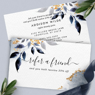 Navy Goud Glitter Bloem Botanische Bladeren Modern Aanbevelingskaartje