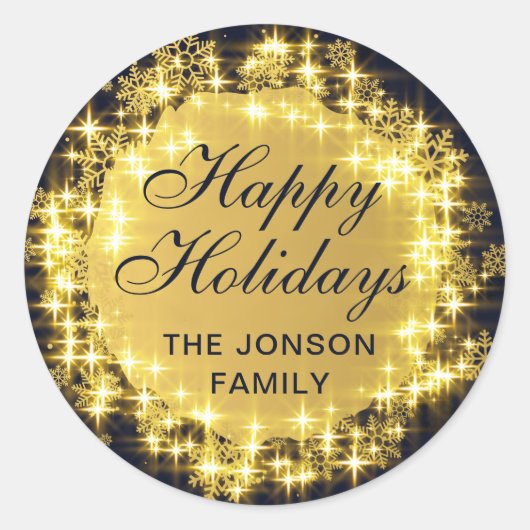 Navy & Goud Glitterende Sneeuwvlokken Kerstbal Ronde Sticker (Voorkant)