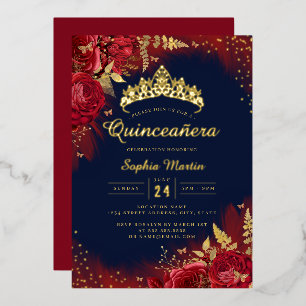 Navy Goud Rode Vlinder Bloemige Quinceanera Folie Uitnodiging