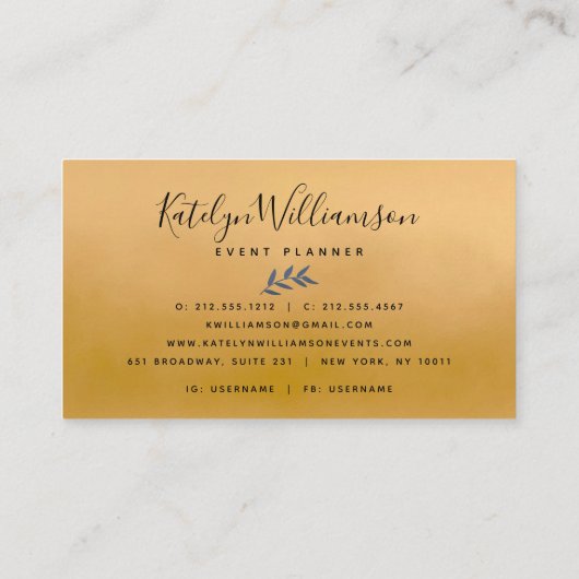 Navy goud tropische palm elegant script modern vet visitekaartje (Achterkant)