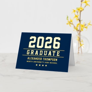 Navy Goud Varsity Afstudeer Dankjewel 2026 Folie Wenskaart