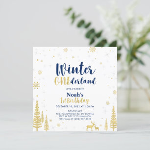 Navy & Goud Winter Onederland 1e Eerste Verjaardag Kaart