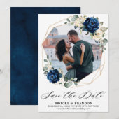 Navy Goud Wit Champagne Ivoor Roos Save The Date (Voorkant / Achterkant)