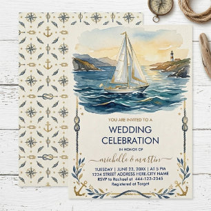 Navy & Goud Zeevaart Huwelijk Zeilboot Huwelijk Kaart