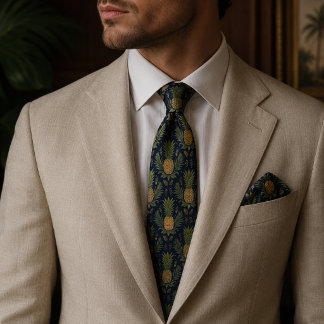 Navy Gouden Ananas Vintage Tropisch Stropdas