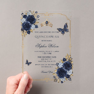 Navy Gouden Bloem Vlinder Quinceañera Acryl Uitnodigingen