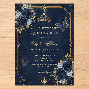 Navy Gouden Bloem Vlinder Quinceañera Acryl Uitnodigingen