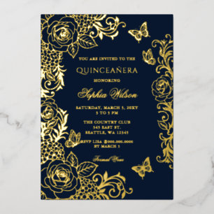 Navy Gouden Bloem Vlinder Quinceañera Folie Uitnodiging
