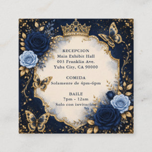 Navy Gouden Bloem Vlinder Quinceañera Informatiekaartje