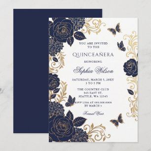 Navy Gouden Bloem Vlinder Quinceañera Kaart