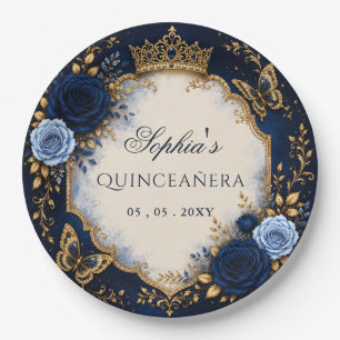 Navy Gouden Bloem Vlinder Quinceañera Papieren Bordje