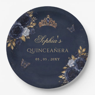 Navy Gouden Bloem Vlinder Quinceañera Papieren Bordje